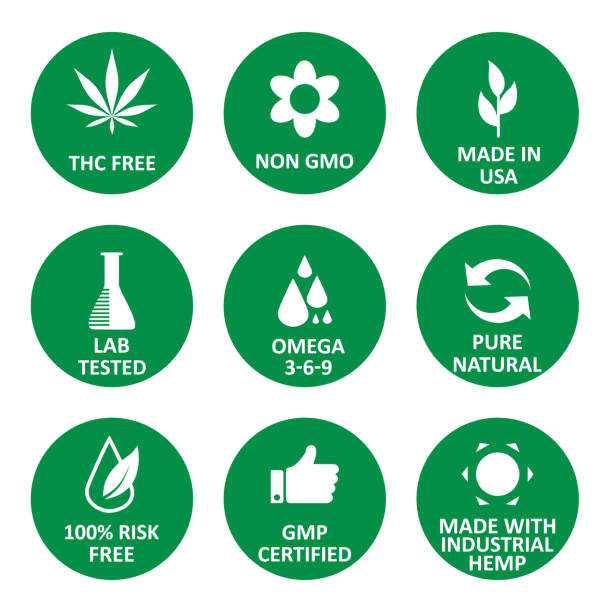 ilustraciones, imágenes clip art, dibujos animados e iconos de stock de cbd aceite verde iconos redondos conjunto incluyendo thc libre, no omg, hecho en ee.uu., laboratorio probado, omega 3-6-9, puro natural, 100% libre de riesgo, certificado gmp, hecho con cáñamo industrial. ilustración vectorial plana blanca - non gmo