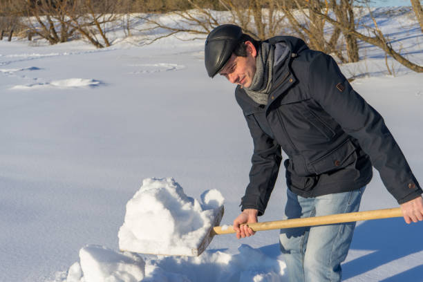 istock Handsome middle-aged caucasian man cleaning snow on household plot in sunny day. Man with shovel paving path from country house to road. Winter active leisure concept 1191621045