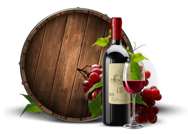 Vector illustration of Bottle and transparent glass with red wine on a background of a wooden wine barrel.  3D vector. High detailed realistic illustration.