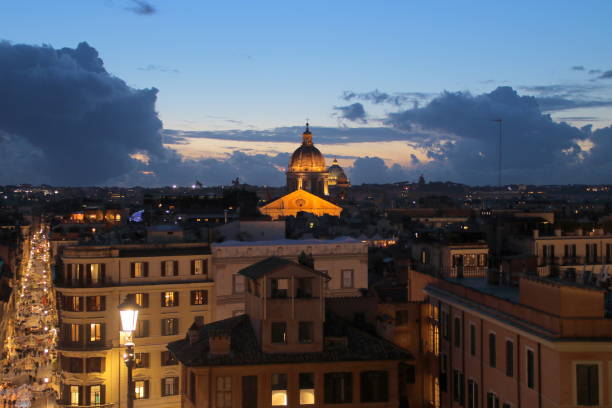 Roman citscape panorama at dusk, Rome Italy. Seen from the Trastevere hill.