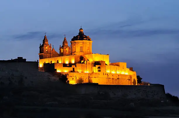 Night-time shot of Mdina, also known as the silent city, and Malta's former capital city, Malta