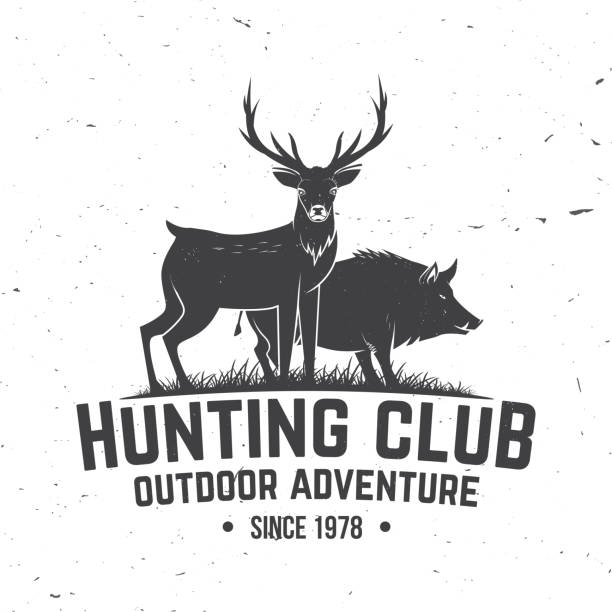 Hunting club badge. Vector. Concept for shirt or label, print, stamp, badge, tee. Vintage typography design with deer, boar silhouette. Outdoor adventure hunt club emblem Hunting club badge. Vector illustration. Concept for shirt or label, print, stamp, badge, tee. Vintage typography design with deer, boar silhouette. Outdoor adventure hunt club emblem hunting stock illustrations