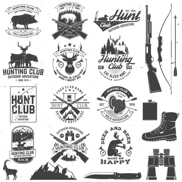 stockillustraties, clipart, cartoons en iconen met set van jachtclub badge. vector concept voor shirt, print, stempel. vintage typografie ontwerp met jachtgeweer, zwijnen, hunter, bear, herten, bergen en bos. outdoor avontuur hunt club embleem - jagen