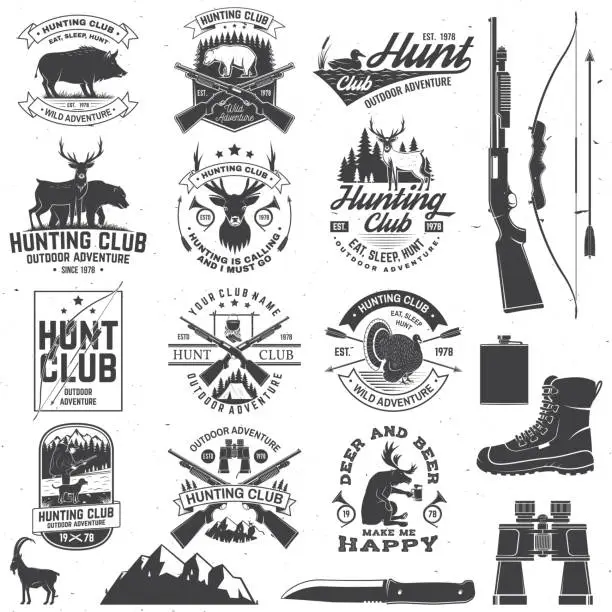 Vector illustration of Set of Hunting club badge. Vector Concept for shirt, print, stamp. Vintage typography design with hunting gun, boar, hunter, bear, deer, mountains and forest. Outdoor adventure hunt club emblem