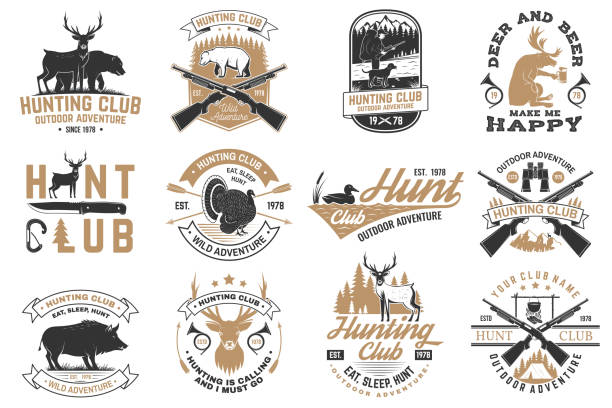 Set of Hunting club badge. Vector Concept for shirt, print, stamp. Vintage typography design with hunting gun, boar, hunter, bear, deer, mountains and forest. Outdoor adventure hunt club emblem Set of Hunting club badge. Vector Concept for shirt, label, print, stamp. Vintage typography design with hunting gun, boar, hunter, bear, deer, mountains and forest. Outdoor adventure hunt club emblem hunting stock illustrations