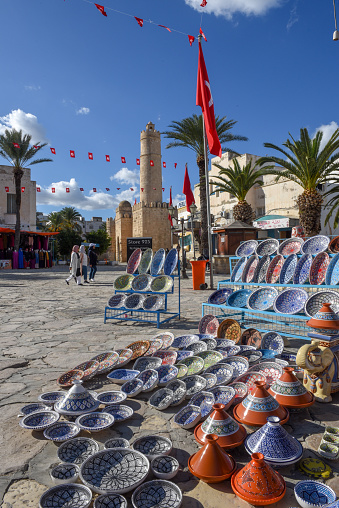 Sousse, Tunisia -  7 November 2019: Multicolor souvenir earthenware at the market of Sousse on Tunisia