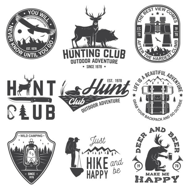 Set of hunting club and outdoor adventure quotes. Vector. Concept for shirt or logo, print, stamp, tee. Vintage design with backpack, binoculars, mountains, deer, tent, lantern and forest silhouette Set of hunting club and outdoor adventure quotes. Vector. Concept for shirt or logo, print, stamp or tee. Vintage design with backpack, binoculars, mountains, deer, tent, lantern and forest silhouette hunting stock illustrations