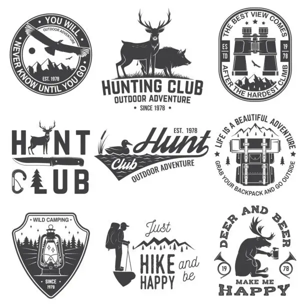 Vector illustration of Set of hunting club and outdoor adventure quotes. Vector. Concept for shirt or logo, print, stamp, tee. Vintage design with backpack, binoculars, mountains, deer, tent, lantern and forest silhouette