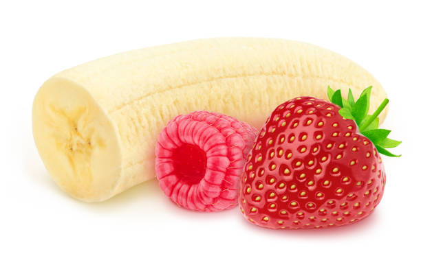 istock Composite image with garden berries and cutted banana isolated on a white background. 1191629429