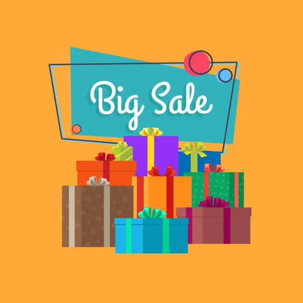 Vector illustration of Big Sale Inscription in Square Bubble and Presents