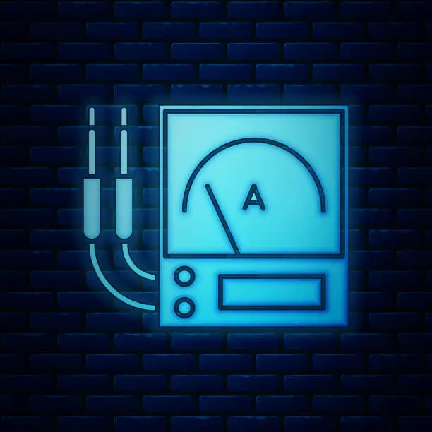 Vector illustration of Glowing neon Ampere meter, multimeter, voltmeter icon isolated on brick wall background. Instruments for measurement of electric current.  Vector Illustration