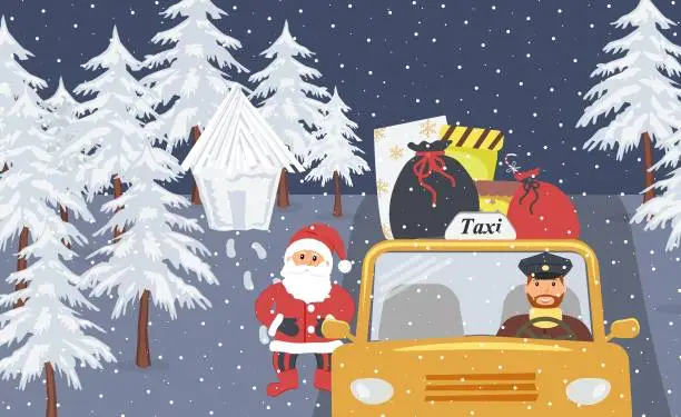Vector illustration of Christmas eve:Santa Claus going on holiday in a yellow taxi.Santa bags and boxes with gifts on the roof of a cab.Cabbie in the uniform cap driving a taxi.Snow is falling.Vector flat illustration