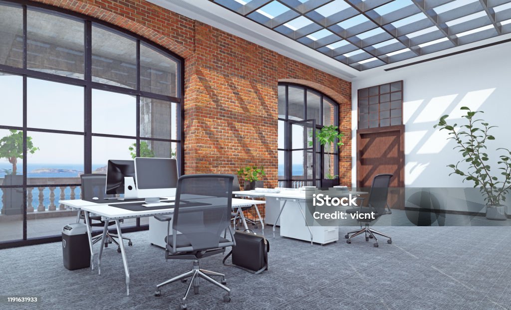 Modern  office interior design Modern office interior design concept. 3d rendering design Office Stock Photo