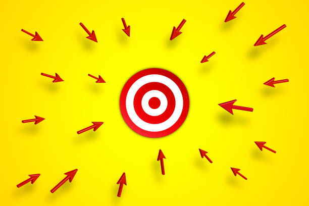Arrows Gathering Around A Red Bullseye. Marketing and Target Strategy.