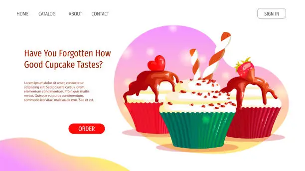 Vector illustration of Web page design template for Bakery, Bakeshop, Dessert, Birthday, Recipes. Sweet cupcakes with different toppings.