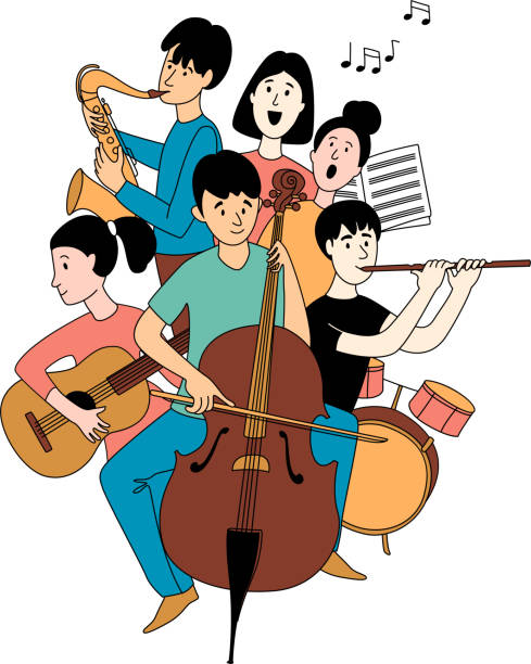 illustrazioni stock, clip art, cartoni animati e icone di tendenza di musica scuola orchestra concerto studenti strumenti musicali doodles line poster - musical band