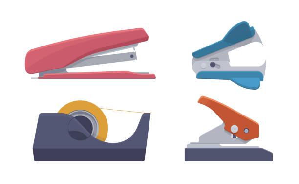 Stapler hole puncher staple remover tape dispenser. Vector flat isolated stationery set. Staple and punch stationery tools Stapler hole puncher staple remover tape dispenser. Vector flat isolated stationery set. Staple and punch stationery tools. Collection hole puncher stock illustrations