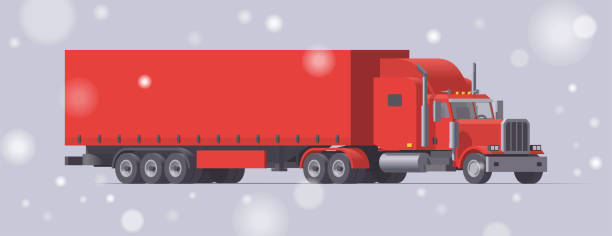 istock Christmas semi truck. Xmas red trailer tractor. Vector flat illustration 1191637628
