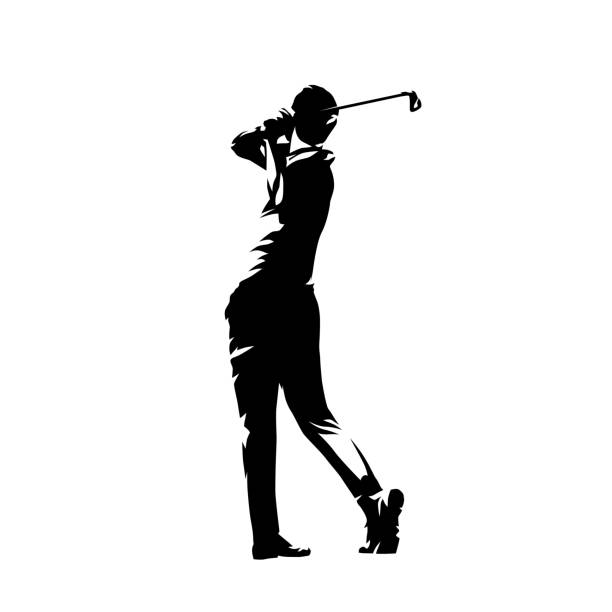 golfspieler, isolierte vektor-silhouette, golfer-logo - golf golf course swinging isolated stock-grafiken, -clipart, -cartoons und -symbole