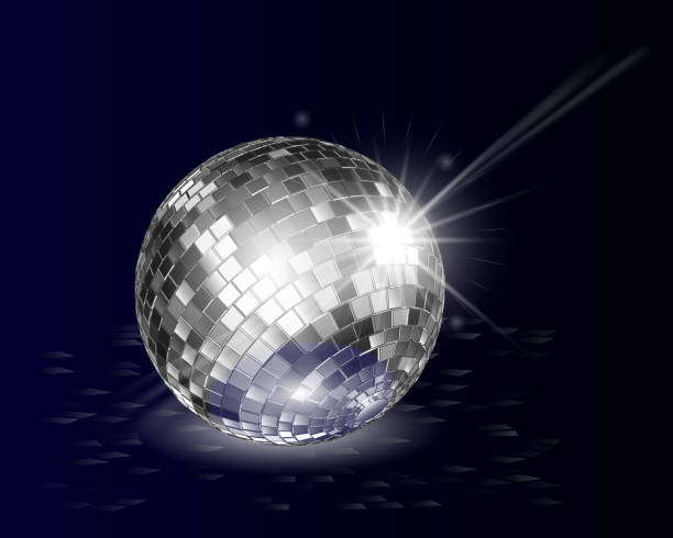 illustrazioni stock, clip art, cartoni animati e icone di tendenza di sfondo astratto della palla da discoteca. palla da discoteca d'argento sul pavimento brillano al buio. - disco ball sunbeam evening ball design