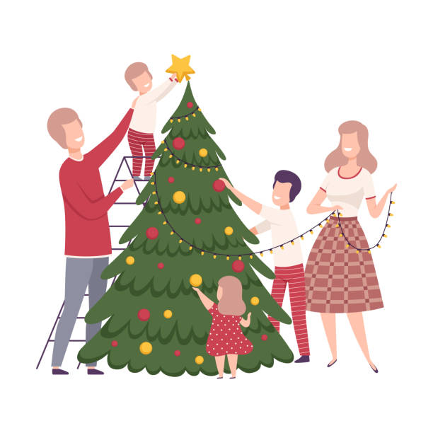 istock Happy Family Preparing for New Year Holiday Celebration Vector Illustration. Parents and Their Kids Decorating the Christmas Tree 1191645364