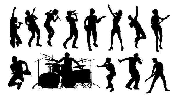 ilustrações de stock, clip art, desenhos animados e ícones de pop or rock band group musicians silhouettes - guitar electric guitar modern rock metal