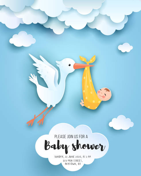 Baby shower card. Baby shower card with cute stork in sky with baby, vector paper art. baby boys stock illustrations