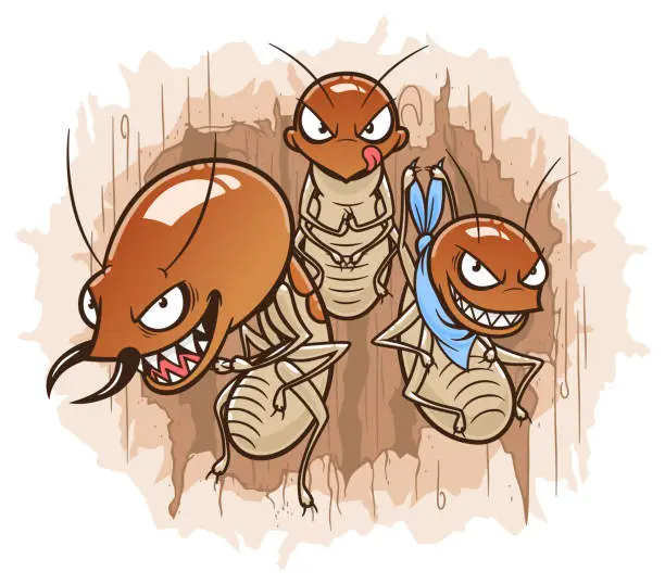 Vector illustration of Cartoon termites on the damaged wood background