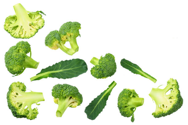 istock green broccoli with slices and leaves isolated on white background. top view 1191647529