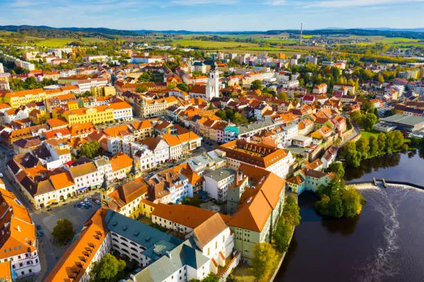 Aerial cityscape of small Czech town Pisek