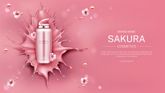 Sakura cosmetics bottle mock up banner, beauty skin care cosmetic product tube on pink liquid splash background with drops and cherry flowers. Cream, lotion package. Realistic 3d vector illustration