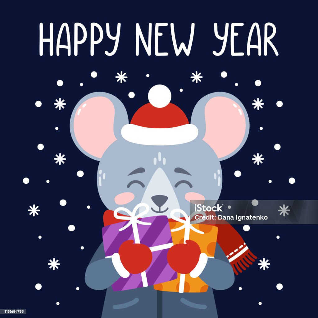 Happy New Year 2020 Vector Print With Cute Rat Stock Illustration ...