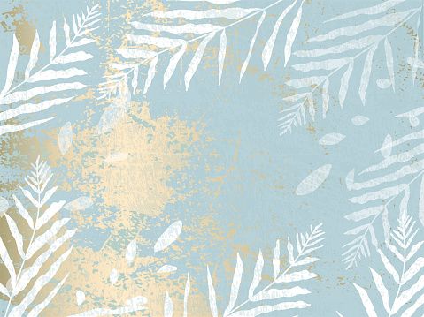 abstract foliage pastel blue  gold blush background. Chic trendy print with botanical motifs