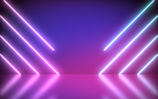 Neon Background Abstract Blue And Pink with Light Shapes line diagonals on colorful and reflective floor, party and concert concept.