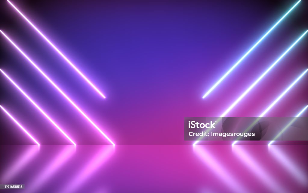 Neon Background Abstract Blue And Pink with Light Shapes line diagonals. Neon Background Abstract Blue And Pink with Light Shapes line diagonals on colorful and reflective floor, party and concert concept. Backgrounds Stock Photo