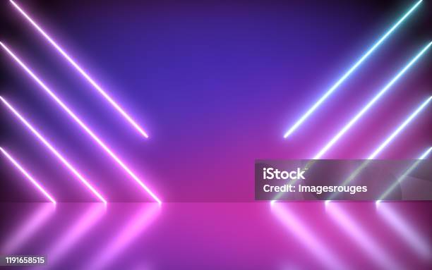 Neon Background Abstract Blue And Pink With Light Shapes Line Diagonals Stock Photo - Download Image Now