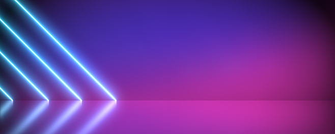 Neon Futuristic Abstract Blue And Purple Light Shapes line diagonals On colorful Background And Reflective Concrete With Empty Space. Concept party, panorama.