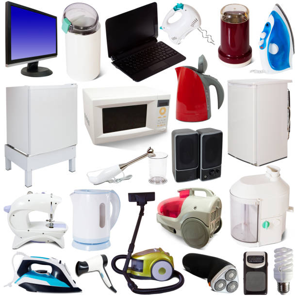 Assorted kitchen and home appliances on white background
