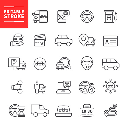Taxi, carsharing, editable stroke, outline, icon, icon set, car, transportation, car rental