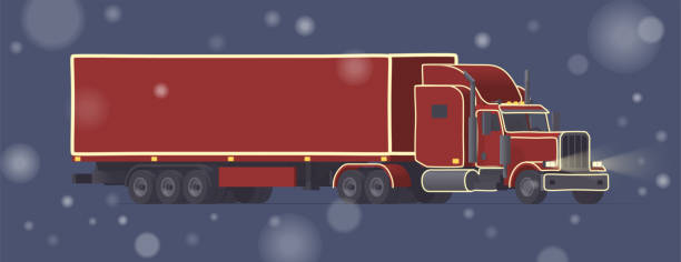 istock Christmas semi truck. Xmas red trailer tractor. Vector flat illustration 1191661082