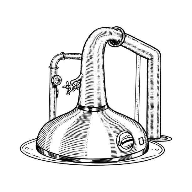 Vector illustration of Pot Swan necked copper stills distillery for making alcohol. Engraved hand drawn vintage retro sketch for logo or whiskey label or alcohol menu. Vector illustration