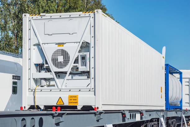Refrigerated container 20-foot-long. Refrigerated container 20-foot-long on the railway platform. railroad car photos stock pictures, royalty-free photos & images