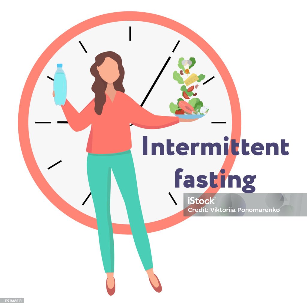 Girl showing the concept of  intermittent fasting. Method of losing weight. Food window. Girl holds water and food against the background of the clock. Vector flat illustration. Healthy Eating stock vector