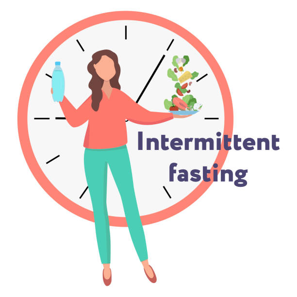 Girl showing the concept of  intermittent fasting. Method of losing weight. Food window. Girl holds water and food against the background of the clock. Vector flat illustration. Girl showing the concept of  intermittent fasting. Method of losing weight. Food window. Girl holds water and food against the background of the clock. Vector flat illustration. ketogenic diet illustrations stock illustrations