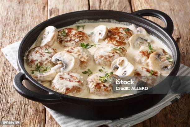 Serving Of Meatballs With Mushrooms In A Creamy Cheese Sauce Closeup In A Pan Horizontal Stock Photo - Download Image Now
