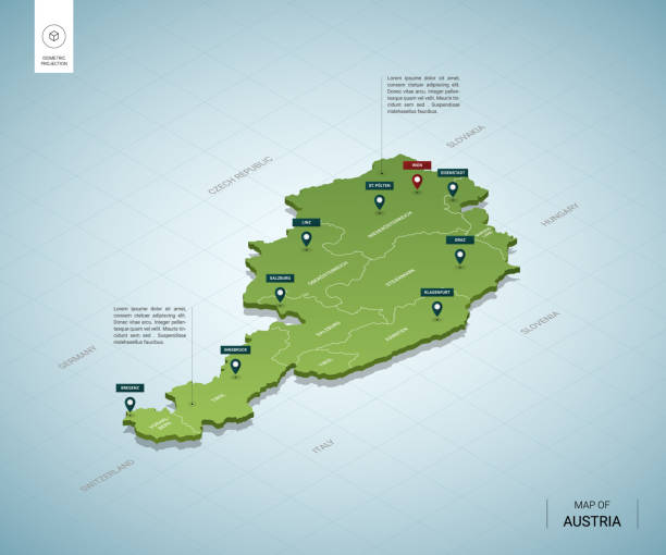 ilustrações de stock, clip art, desenhos animados e ícones de stylized map of austria. isometric 3d green map with cities, borders, capital vienna, regions. vector illustration. editable layers clearly labeled. english language. - austria vienna map horizontal