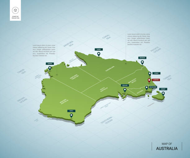 ilustraciones, imágenes clip art, dibujos animados e iconos de stock de mapa estilizado de australia. mapa verde 3d isométrico con ciudades, fronteras, capital canberra, regiones. ilustración vectorial. capas editables claramente etiquetadas. idioma inglés. - topography map equipment cartography