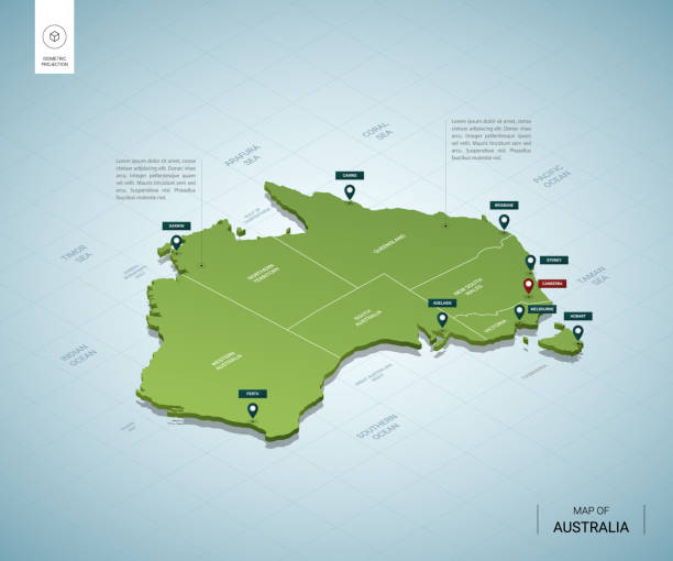 オーストラリアの様式化された地図。都市、国境、首都キャンベラ、地域を持つ等角投影3dグリーンマップ。ベクターの図。編集可能なレイヤーは明確にラベル付けされています。英語。 - australia map点のイラスト素材／クリップアート素材／マンガ素材／アイコン素材