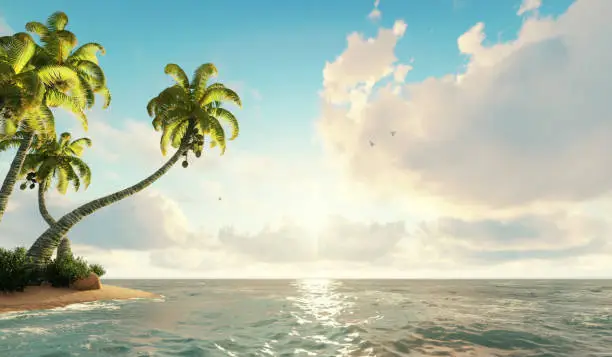 Photo of Sandy beach on a tropical island with coconut palms. Tropical island. 3D illustration.