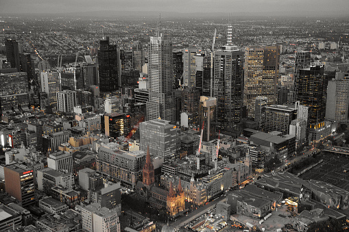 Panoramic view of Melbourne central business district, the core of Greater Melbourne's metropolitan area, a major financial centre in Australia.